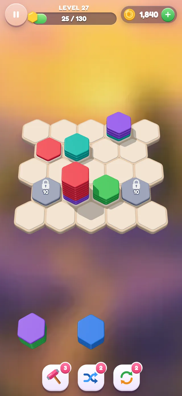 A level with colorful hexagon stacks