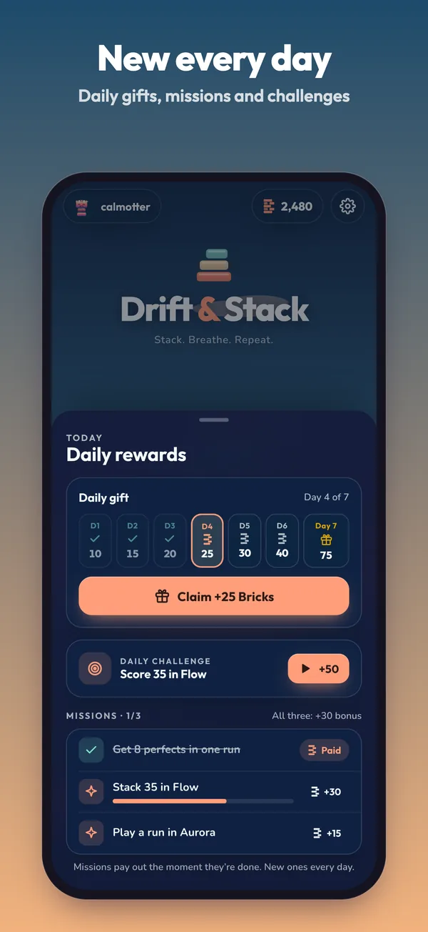 Daily gifts, missions and challenges